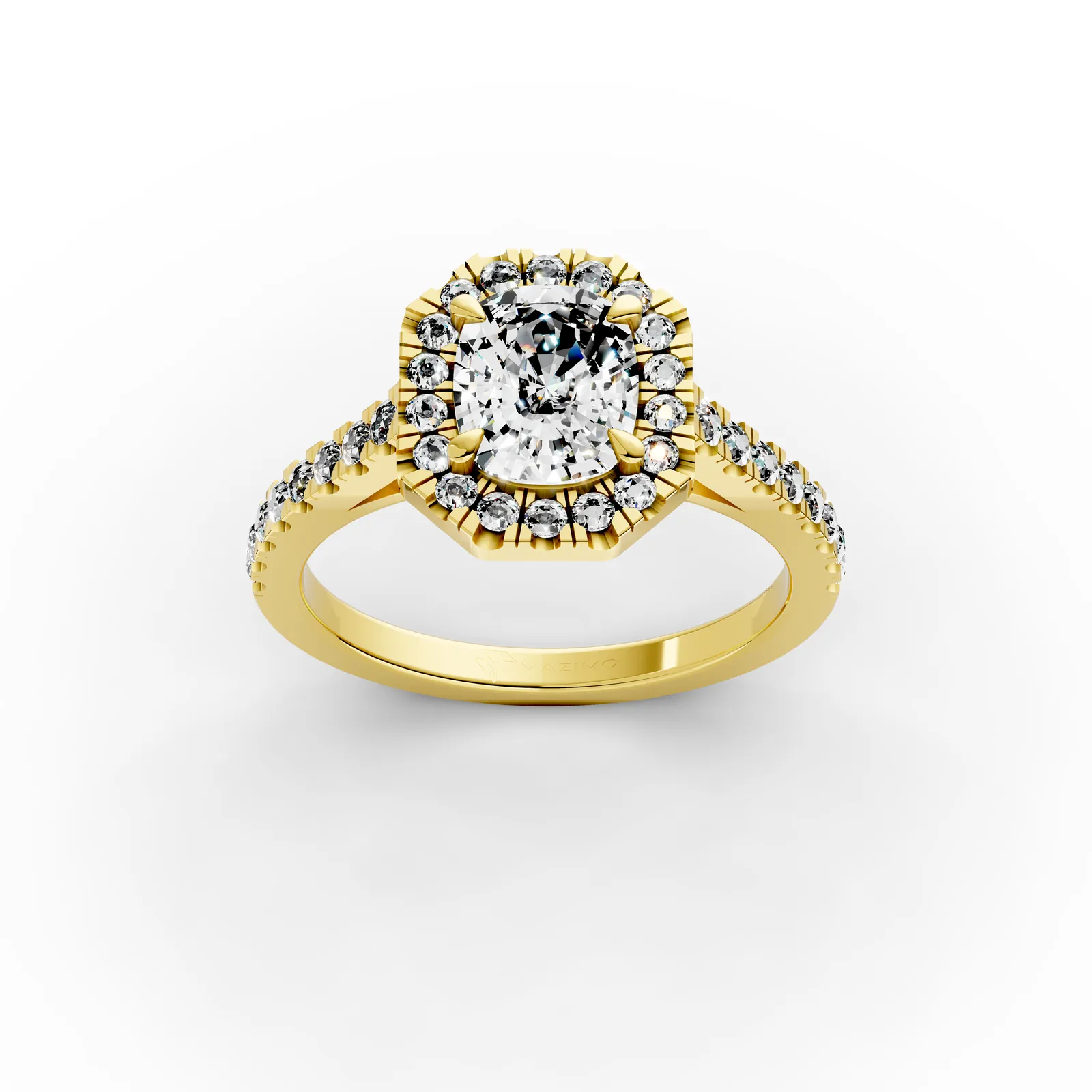 Cushion Octagon Halo Pavé Ring in 18K Yellow Gold, 1.5 ct cushion diamond in an octagon-shaped diamond halo with a pavé band, three-quarter view