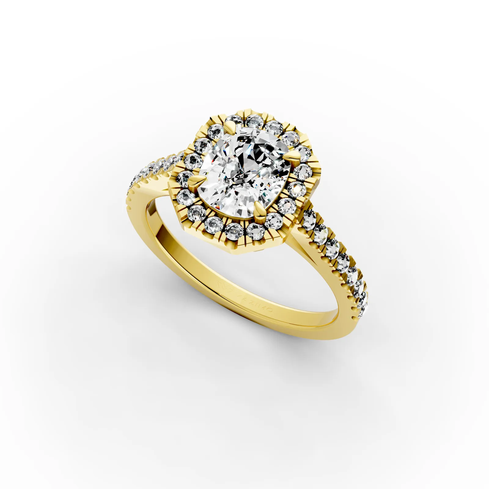 Cushion Octagon Halo Pavé Ring in 18K Yellow Gold, 1.5 ct cushion diamond in an octagon-shaped diamond halo with a pavé band, angled view