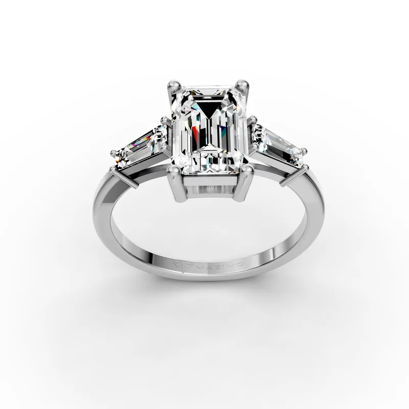 Emerald and Baguette Three Stone Ring in 18K white gold