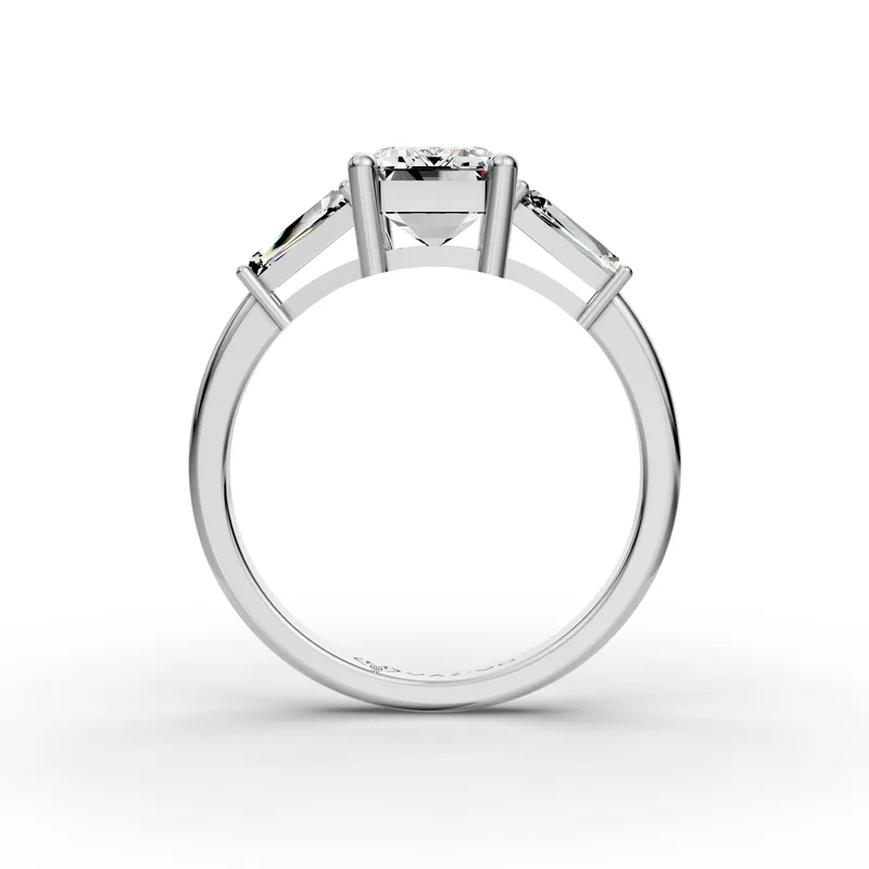 Emerald and Baguette Three Stone Ring in 18K White Gold, 2 ct emerald-cut diamond with two tapered baguettes, front view