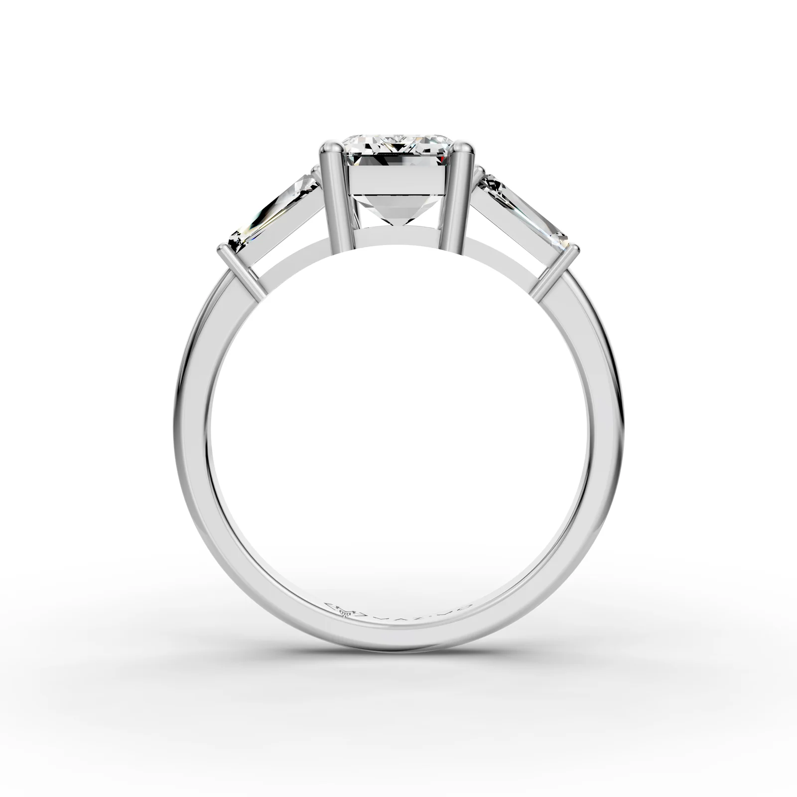 Emerald and Baguette Three Stone Ring in 18K White Gold, 2 ct emerald-cut diamond with two tapered baguettes, front view