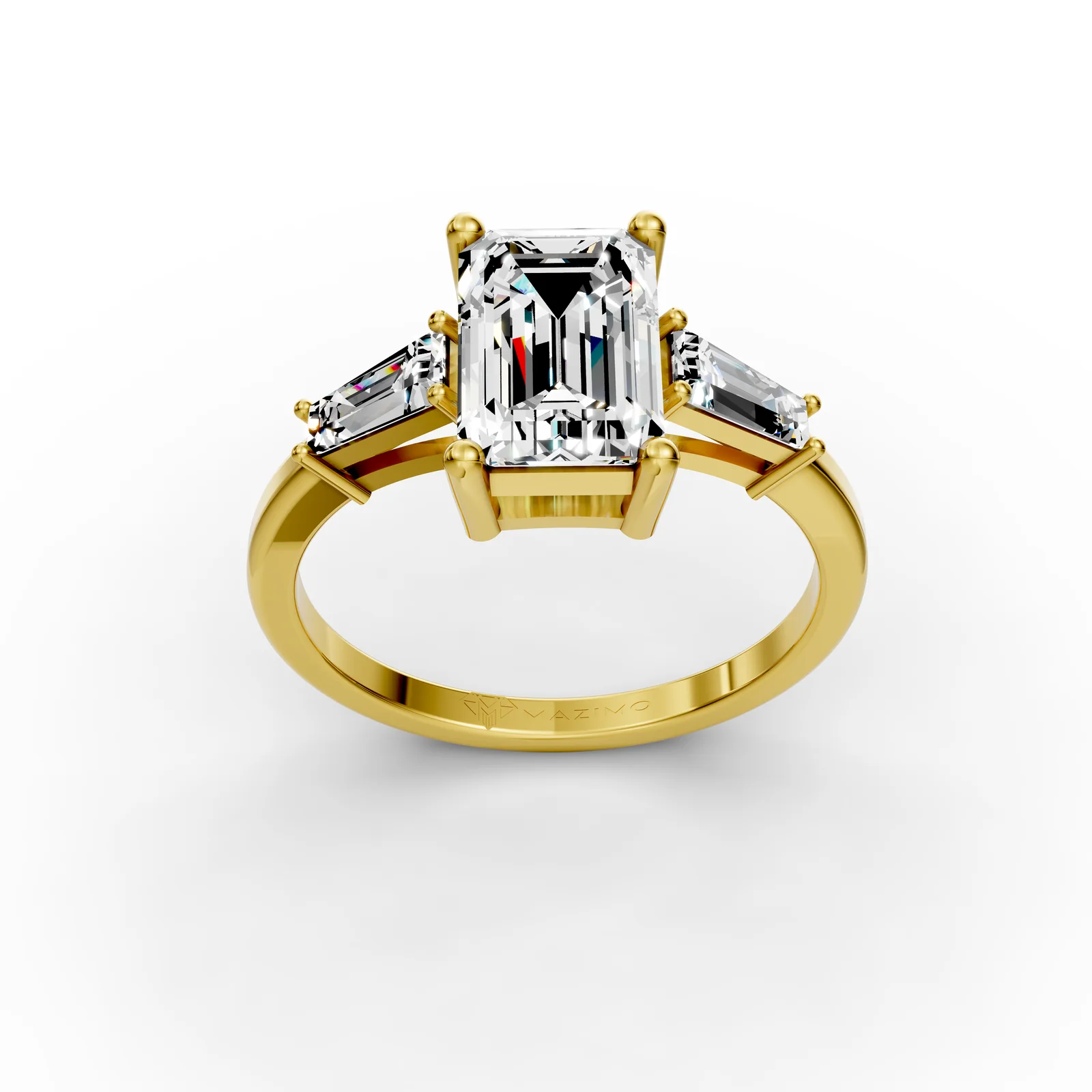 Emerald and Baguette Three Stone Ring in 18K Yellow Gold, 2 ct emerald-cut diamond with two tapered baguettes, three-quarter view
