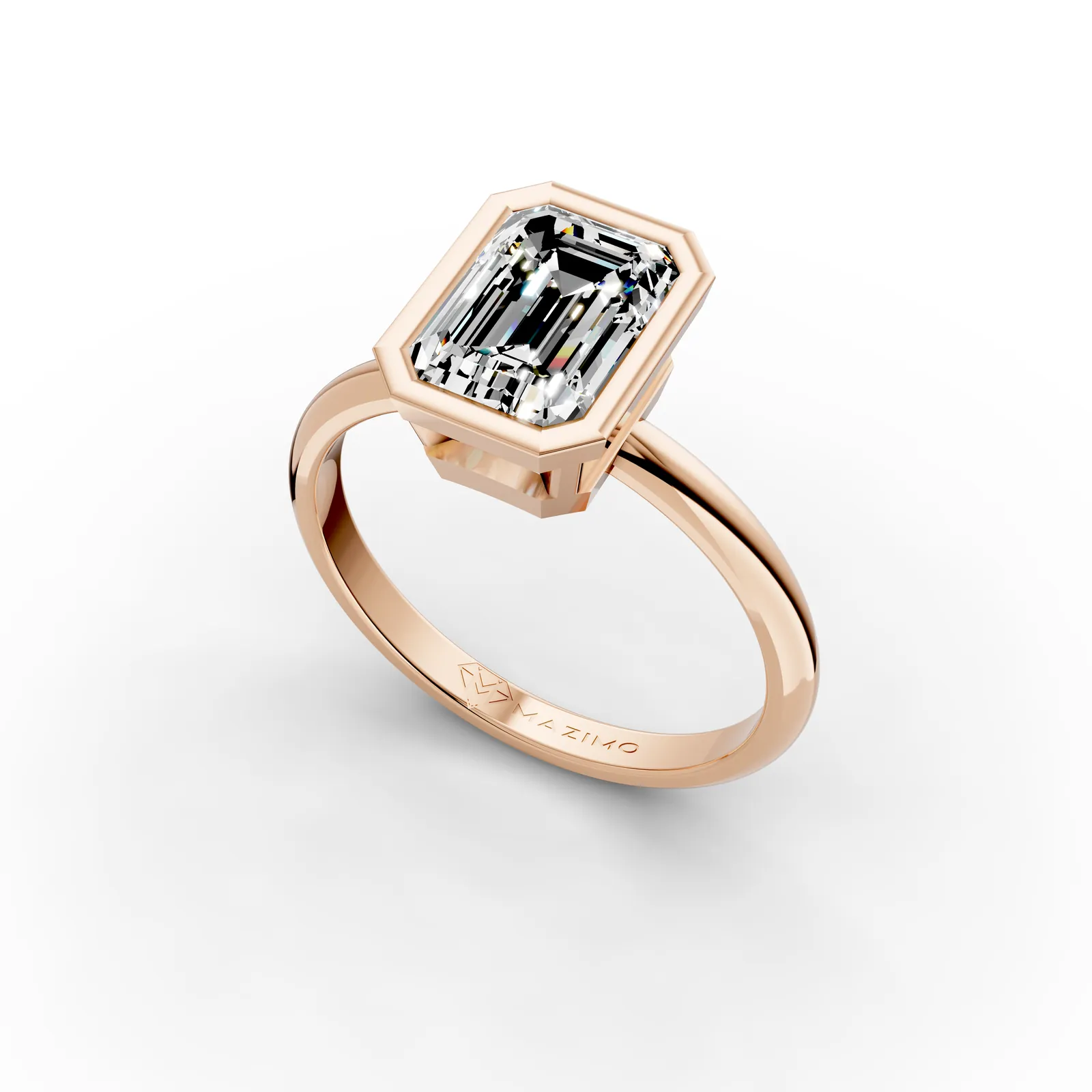 Emerald Bezel Solitaire Ring in 18K Rose Gold, 1.5 ct emerald-cut diamond in a smooth bezel on a plain band, angled view