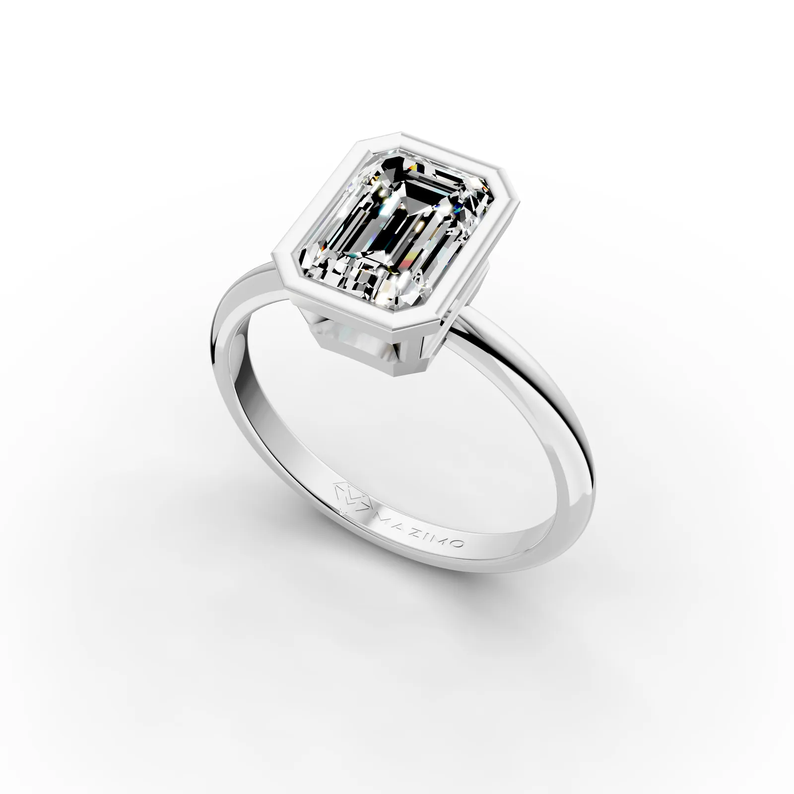Emerald Bezel Solitaire Ring in 18K White Gold, 1.5 ct emerald-cut diamond in a smooth bezel on a plain band, angled view
