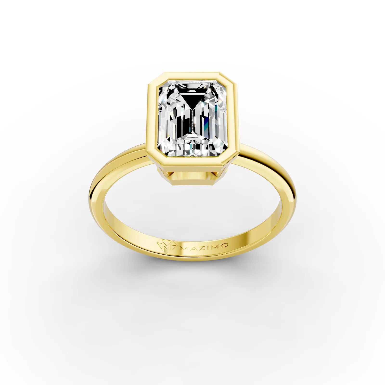 Emerald Bezel Solitaire Ring in 18K Yellow Gold, 1.5 ct emerald-cut diamond in a smooth bezel on a plain band, three-quarter view