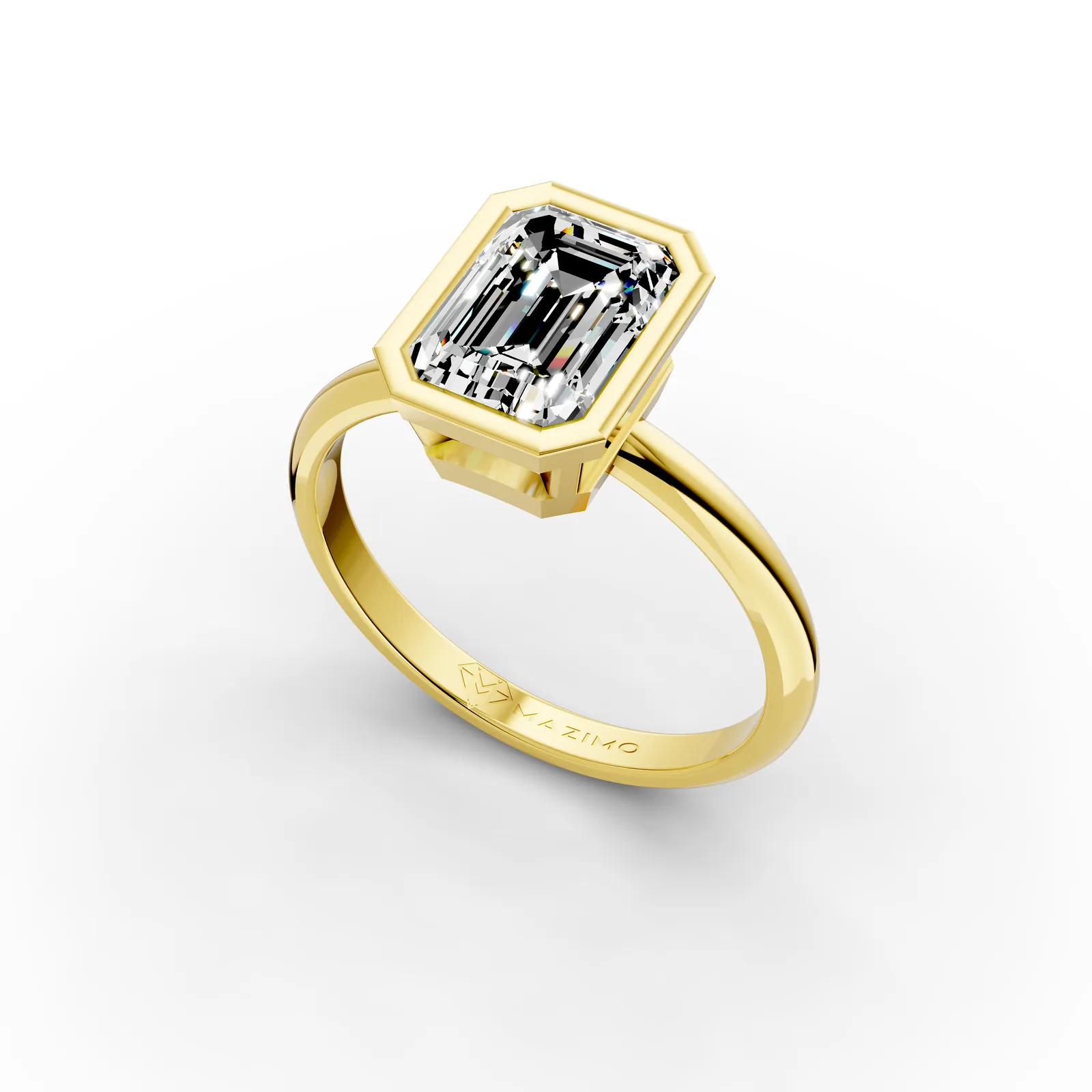 Emerald Bezel Solitaire Ring in 18K Yellow Gold, 1.5 ct emerald-cut diamond in a smooth bezel on a plain band, angled view