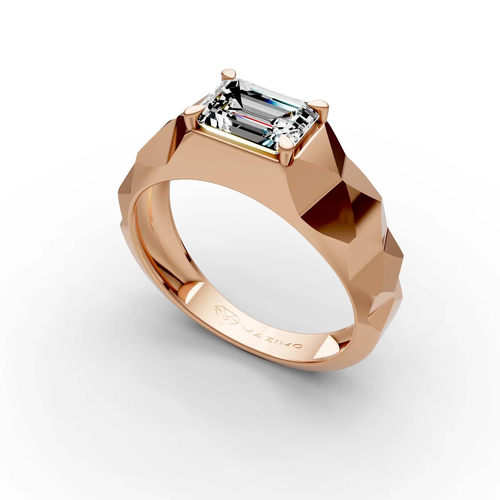 Emerald Faceted Ring in 18K Rose Gold, 1.5 ct emerald-cut diamond with pyramid-faceted shoulders, angled view