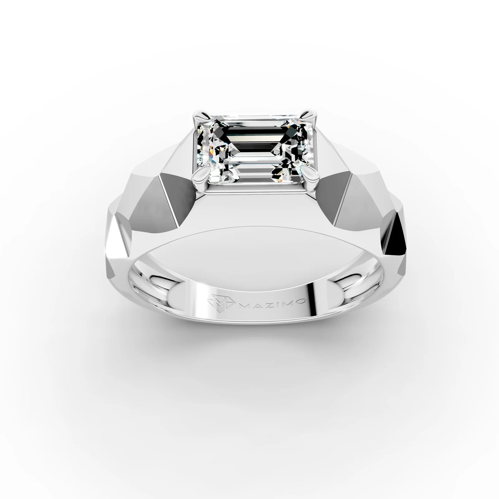 Emerald Faceted Ring in 18K White Gold, 1.5 ct emerald-cut diamond with pyramid-faceted shoulders, three-quarter view