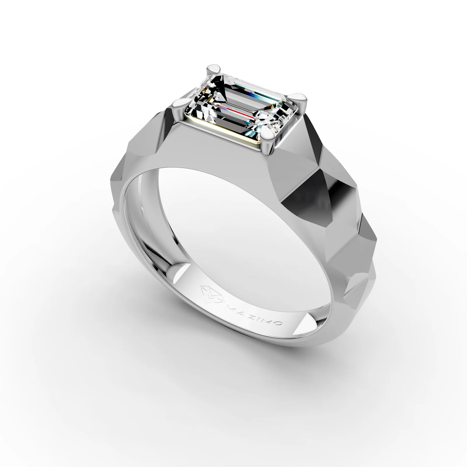 Emerald Faceted Ring in 18K White Gold, 1.5 ct emerald-cut diamond with pyramid-faceted shoulders, angled view