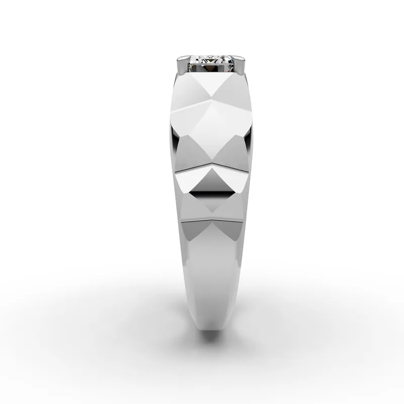 Emerald Faceted Ring in 18K White Gold, 1.5 ct emerald-cut diamond with pyramid-faceted shoulders, side profile