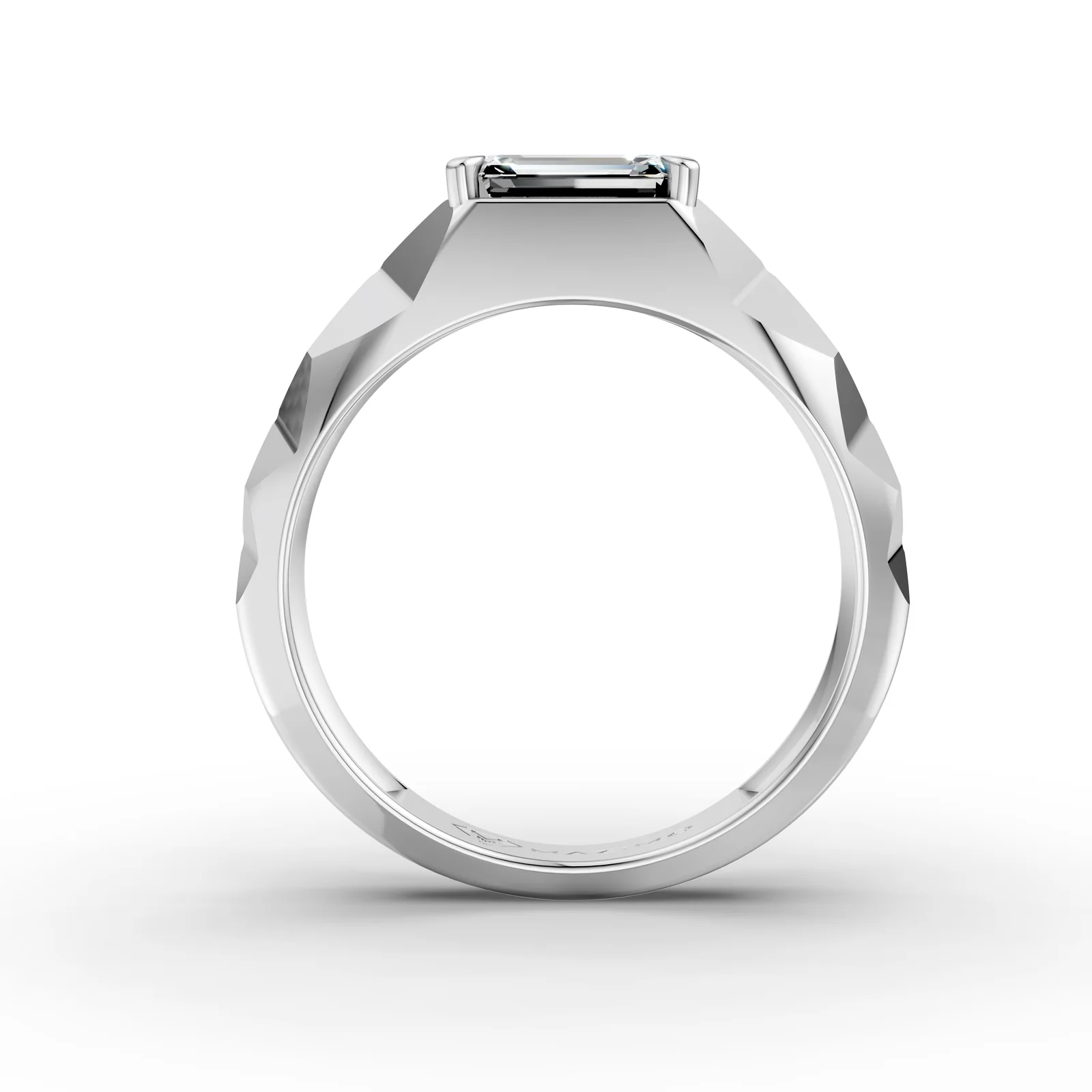 Emerald Faceted Ring in 18K White Gold, 1.5 ct emerald-cut diamond with pyramid-faceted shoulders, front view