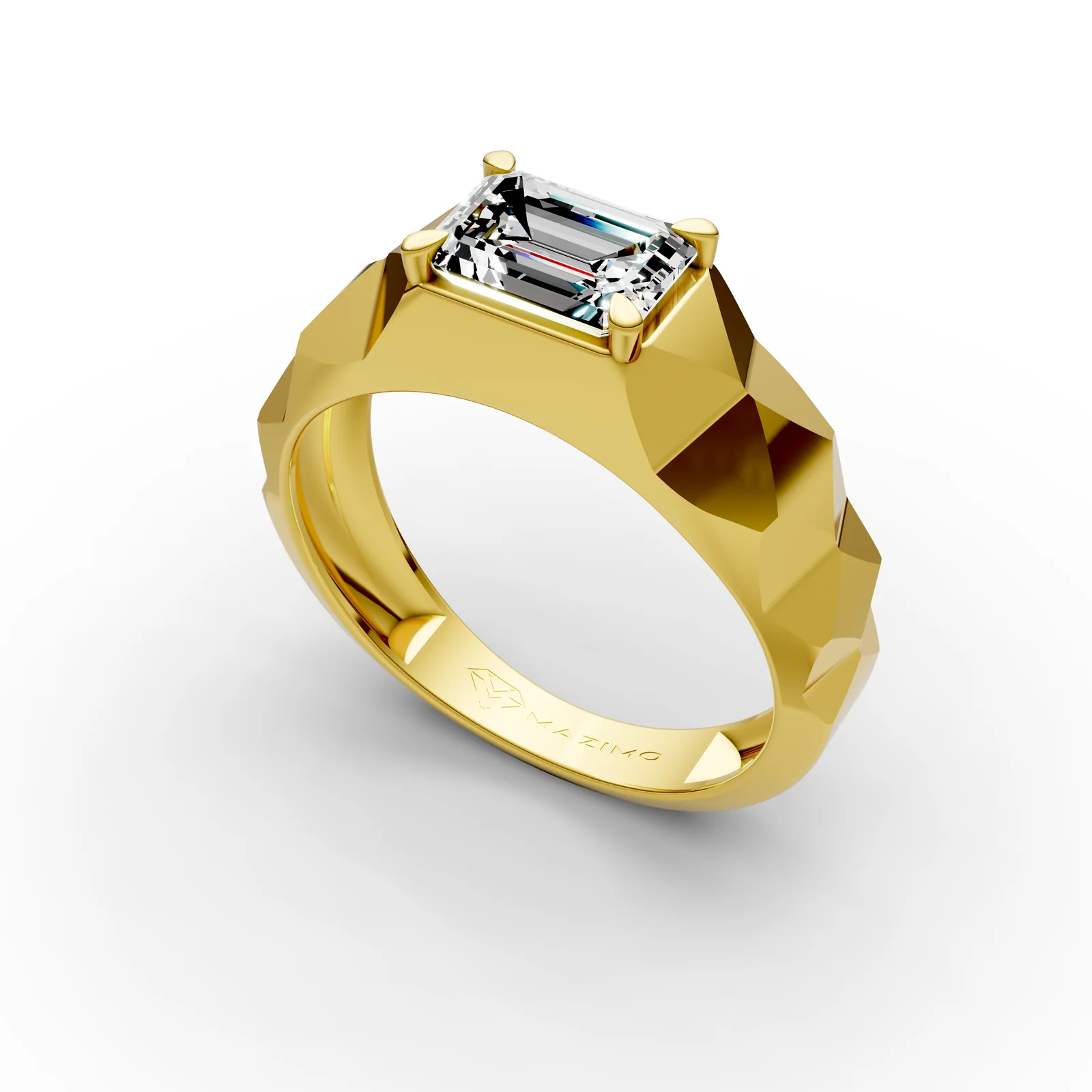 Emerald Faceted Ring in 18K Yellow Gold, 1.5 ct emerald-cut diamond with pyramid-faceted shoulders, angled view