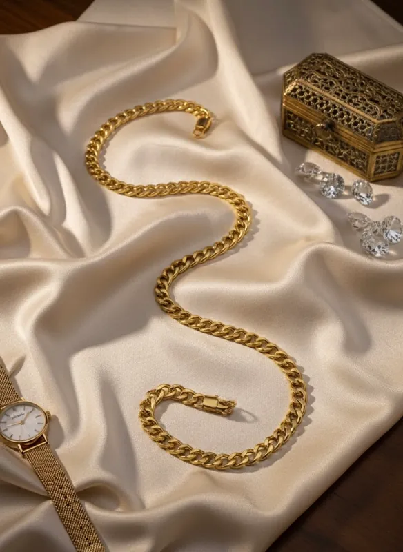 8K gold Cuban link chain necklace displayed on black bust, weighing 26.00 grams