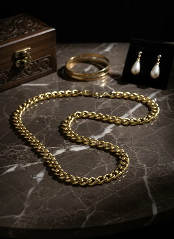 8K gold Cuban link chain necklace displayed on black bust, weighing 26.00 grams