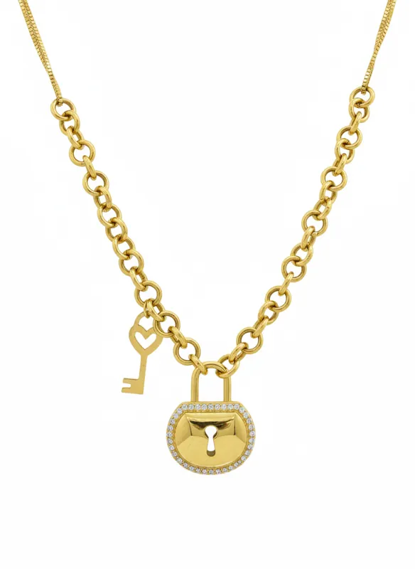 Gold key and heart locket necklace with lock pendant, elegant romantic jewelry design