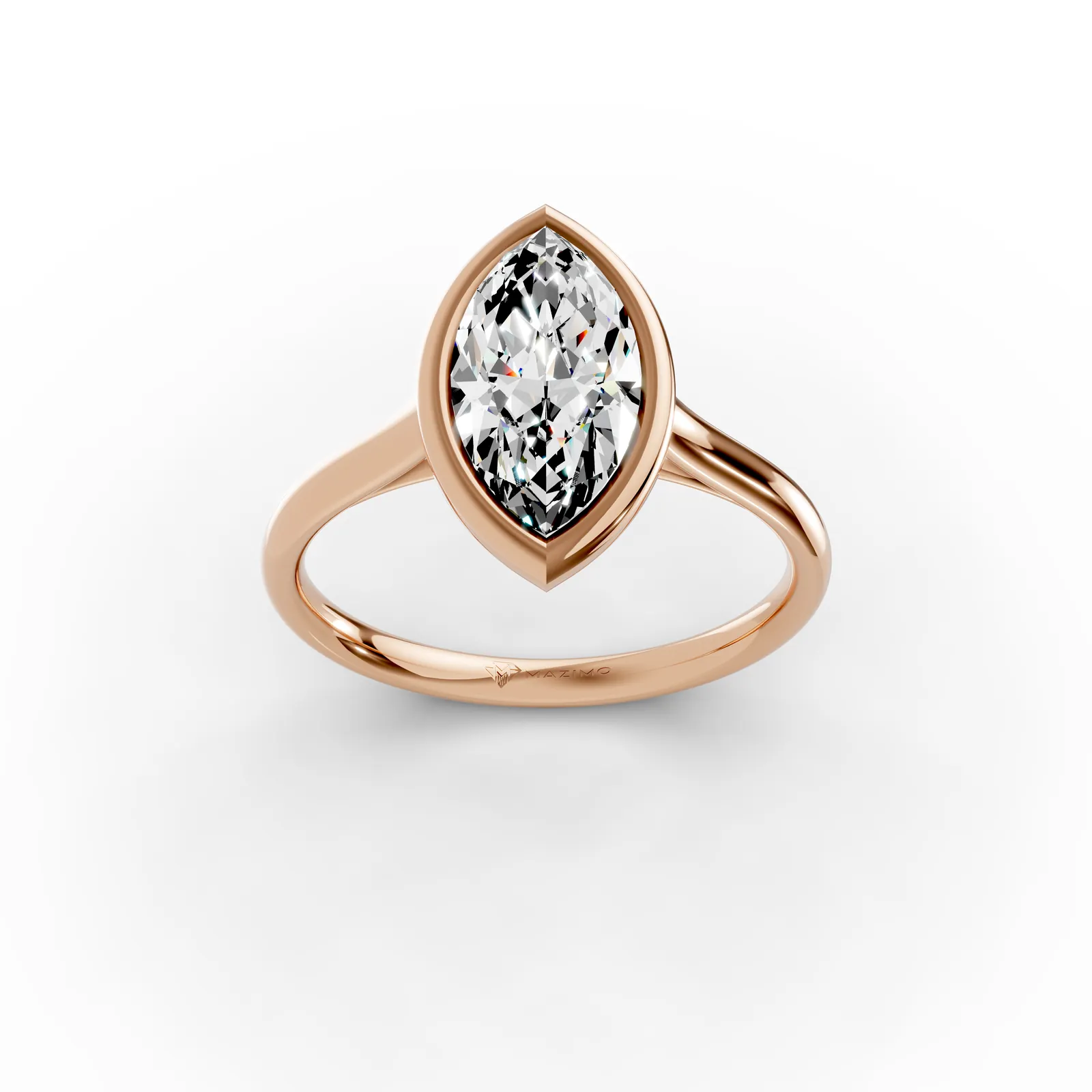 Marquise Bezel Solitaire Ring in 18K Rose Gold, 1.5 ct marquise diamond in a smooth bezel on a plain band, three-quarter view