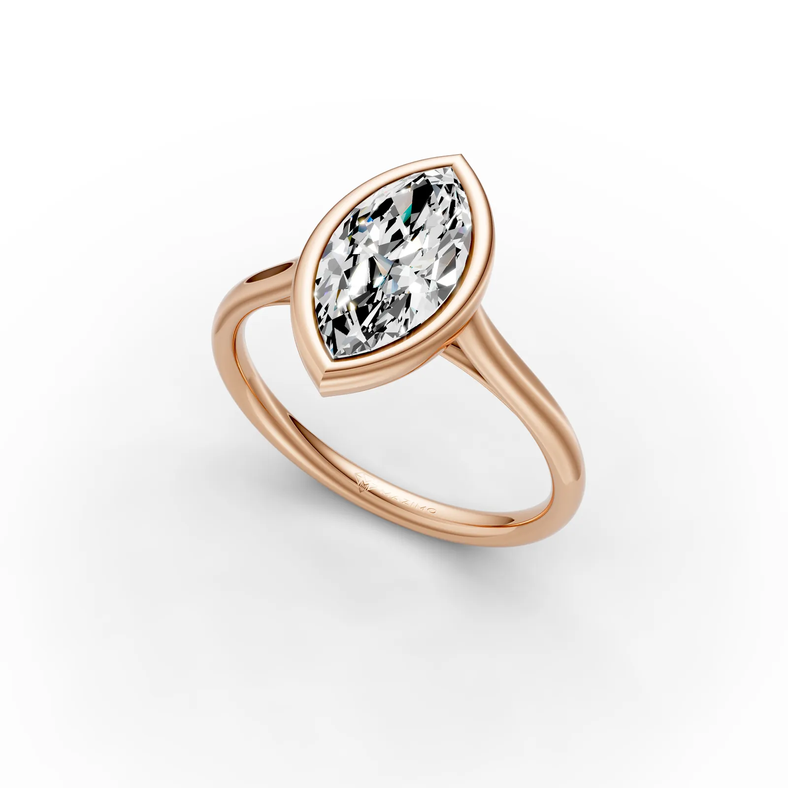 Marquise Bezel Solitaire Ring in 18K Rose Gold, 1.5 ct marquise diamond in a smooth bezel on a plain band, angled view
