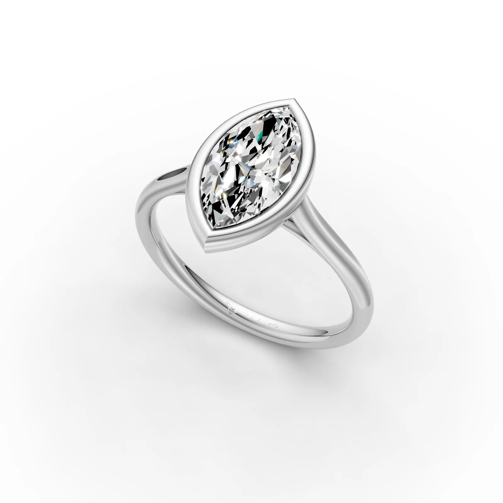 Marquise Bezel Solitaire Ring in 18K White Gold, 1.5 ct marquise diamond in a smooth bezel on a plain band, angled view