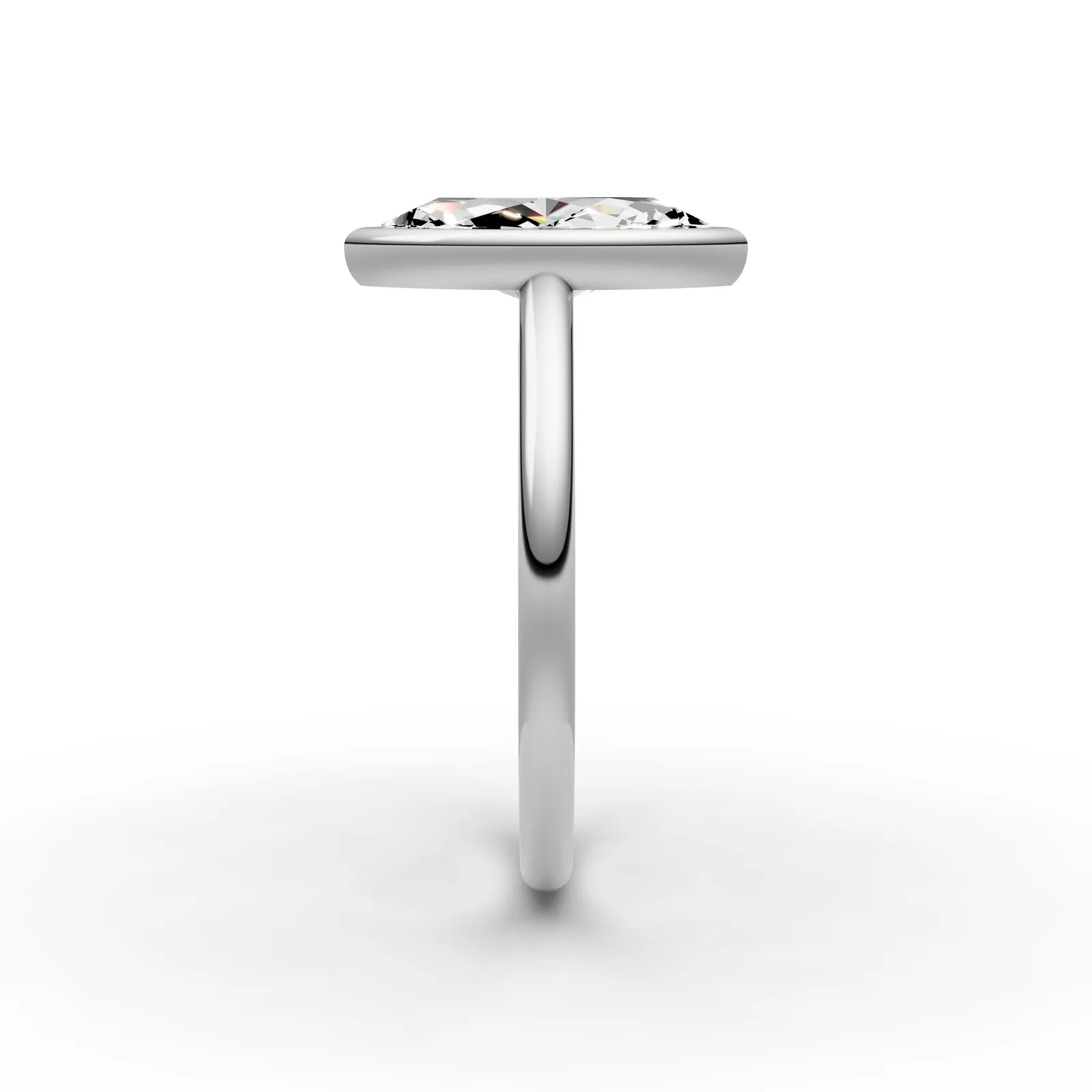 Marquise Bezel Solitaire Ring in 18K White Gold, 1.5 ct marquise diamond in a smooth bezel on a plain band, side profile