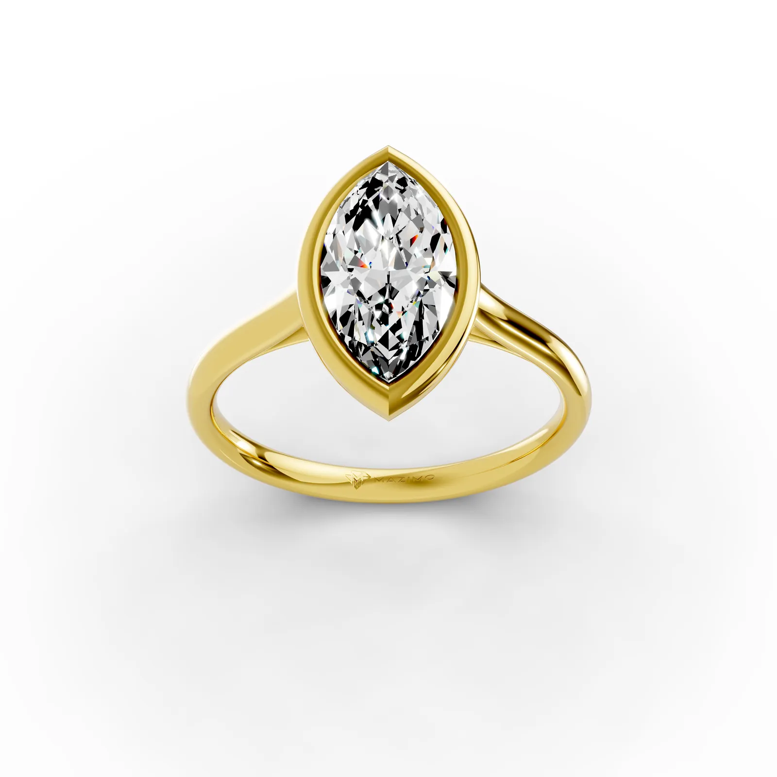 Marquise Bezel Solitaire Ring in 18K Yellow Gold, 1.5 ct marquise diamond in a smooth bezel on a plain band, three-quarter view
