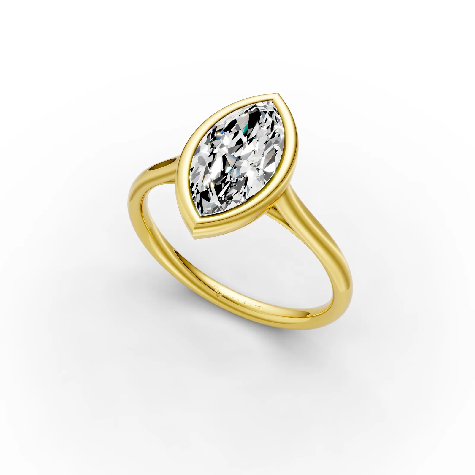 Marquise Bezel Solitaire Ring in 18K Yellow Gold, 1.5 ct marquise diamond in a smooth bezel on a plain band, angled view