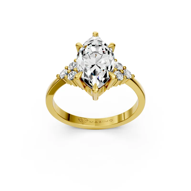 Marquise diamond ring in 18K yellow gold seen from above, with a claw at each point of the centre stone and a triangle of three small round diamonds on each side