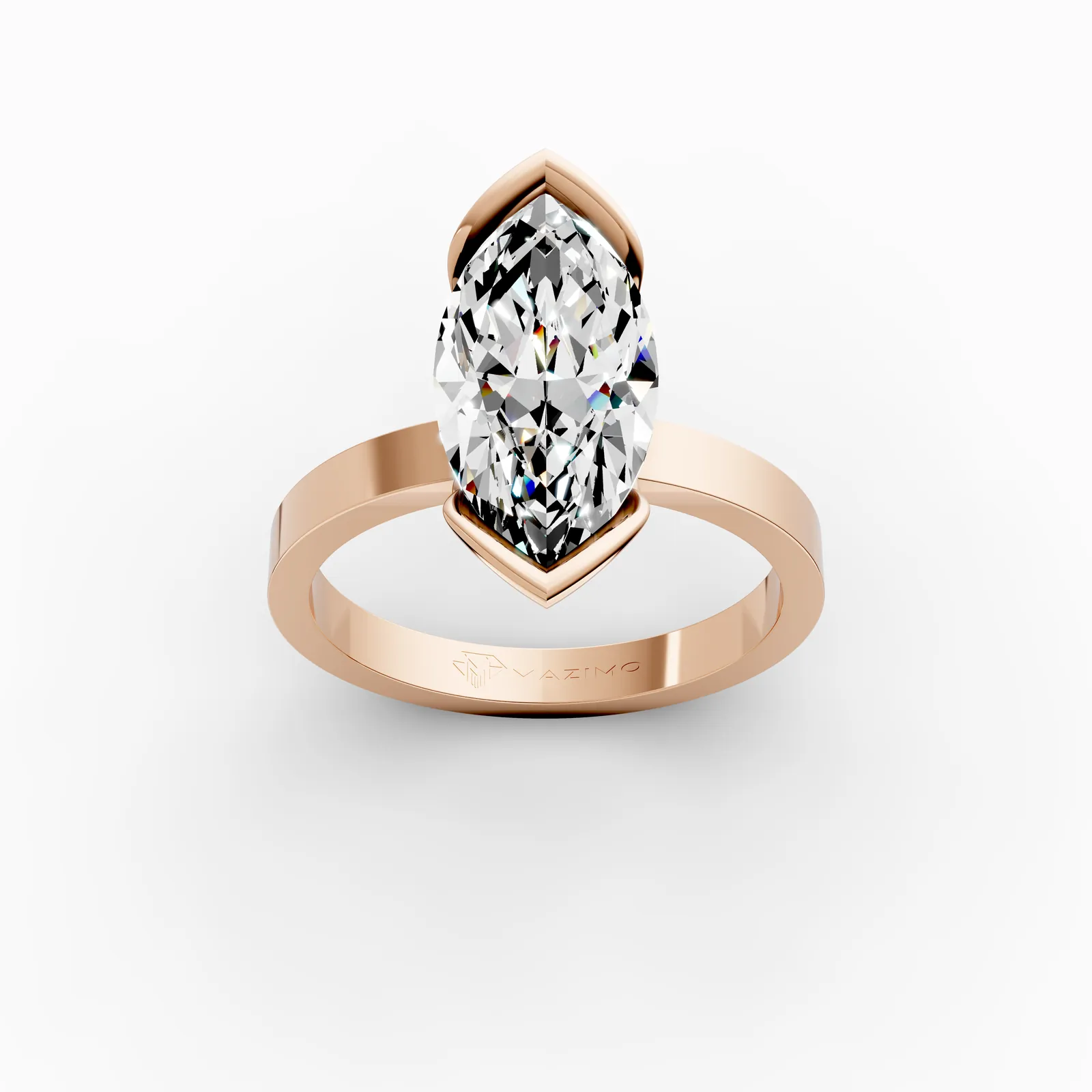 Marquise Leaf Bezel Solitaire Ring in 18K Rose Gold, 3 ct marquise diamond held by two leaf-shaped gold wings, three-quarter view