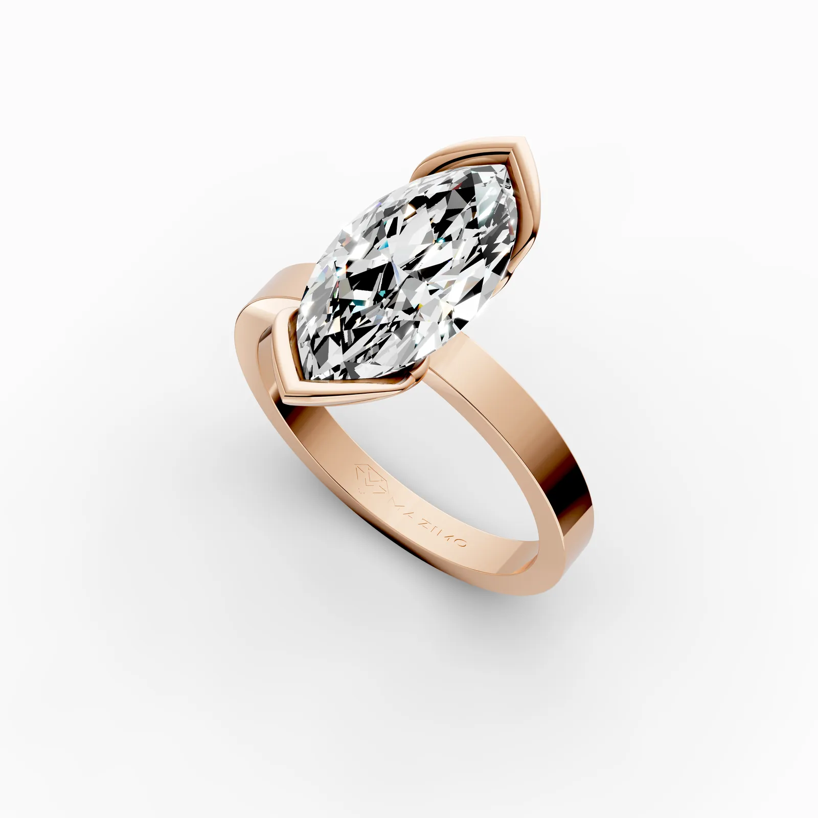 Marquise Leaf Bezel Solitaire Ring in 18K Rose Gold, 3 ct marquise diamond held by two leaf-shaped gold wings, angled view