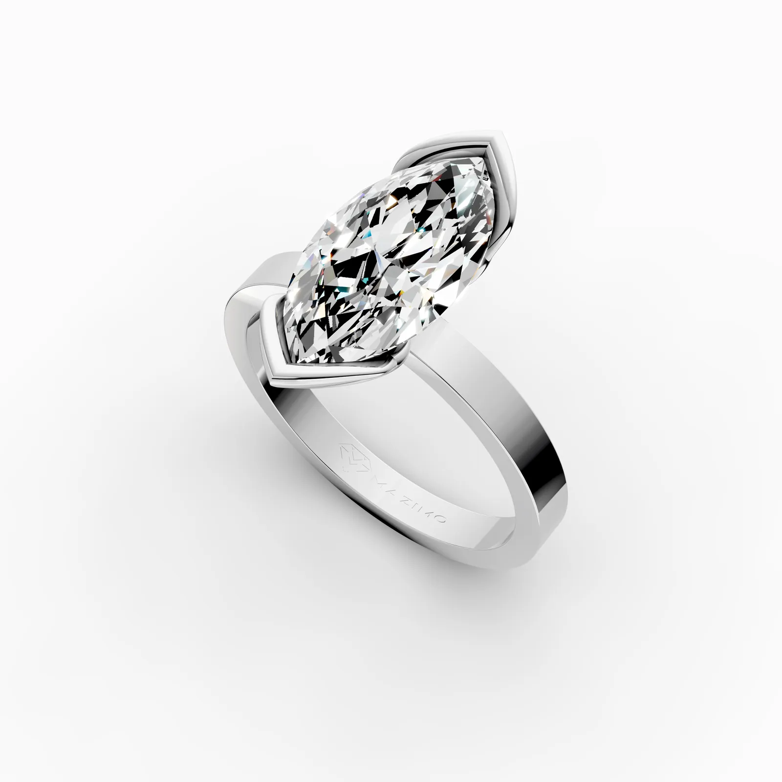 Marquise Leaf Bezel Solitaire Ring in 18K White Gold, 3 ct marquise diamond held by two leaf-shaped gold wings, angled view