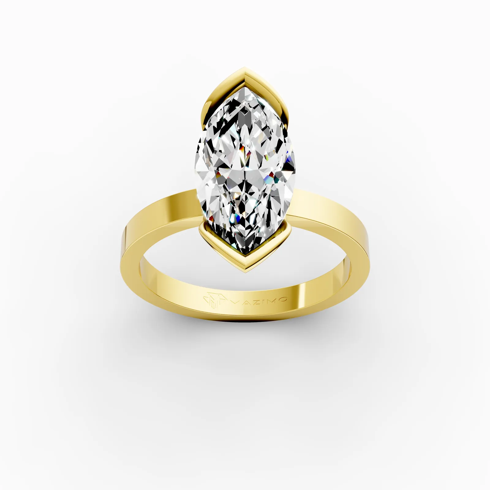 Marquise Leaf Bezel Solitaire Ring in 18K Yellow Gold, 3 ct marquise diamond held by two leaf-shaped gold wings, three-quarter view