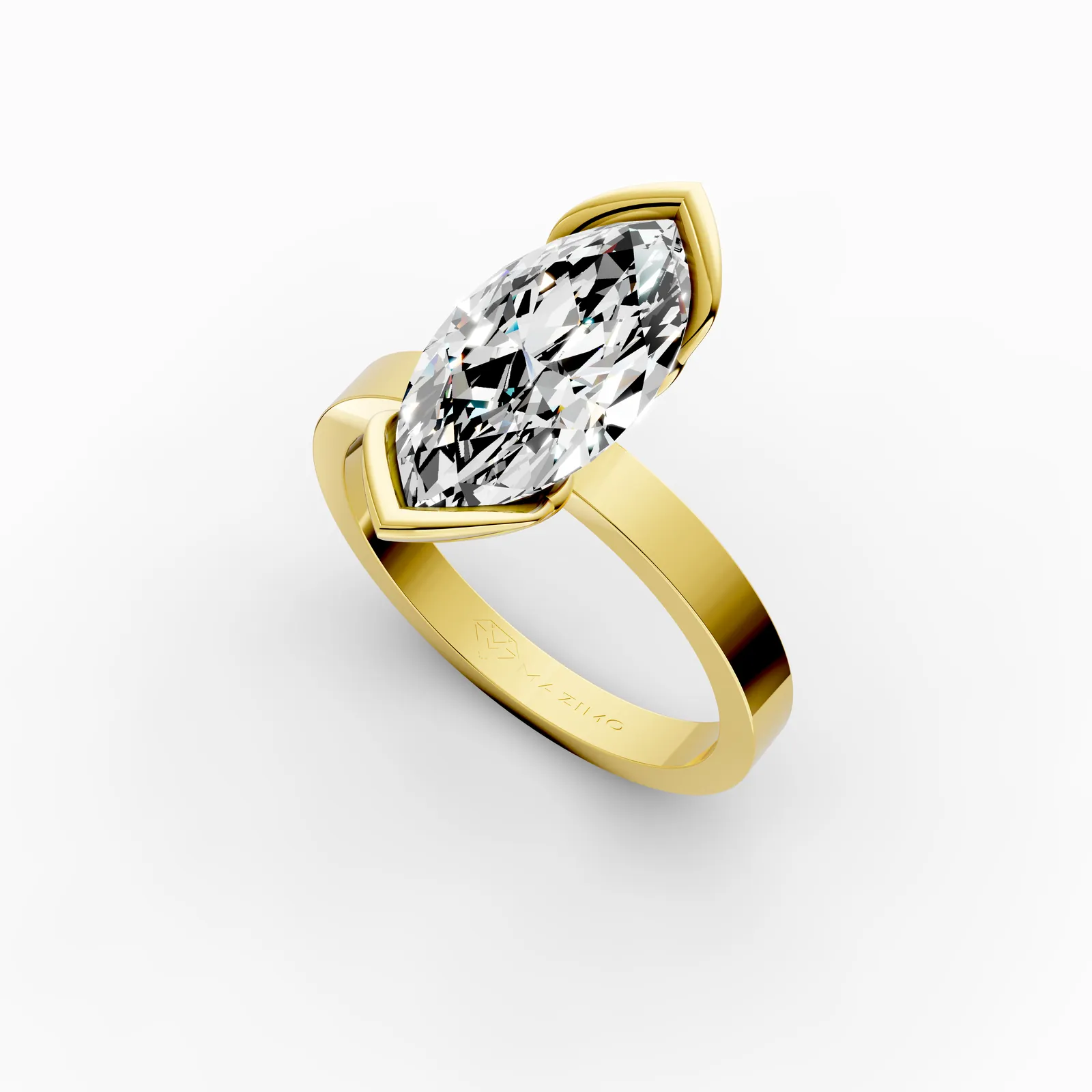 Marquise Leaf Bezel Solitaire Ring in 18K Yellow Gold, 3 ct marquise diamond held by two leaf-shaped gold wings, angled view