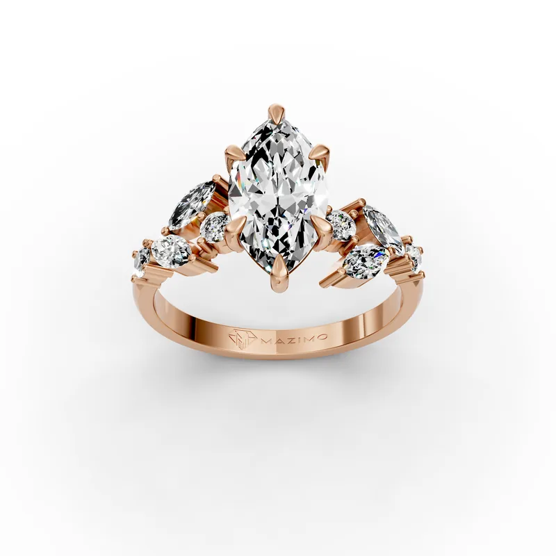 Marquise diamond ring in 18K rose gold seen from above, with small marquise and round diamonds set like leaves along each shoulder