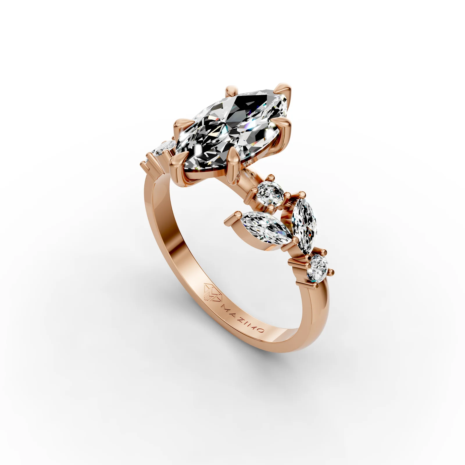 Marquise Leaf Shoulders Ring in 18K Rose Gold, angled view