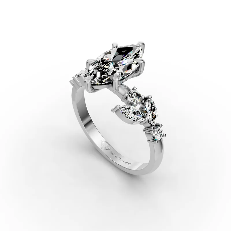 Marquise Leaf Shoulders Ring in 18K White Gold, angled view
