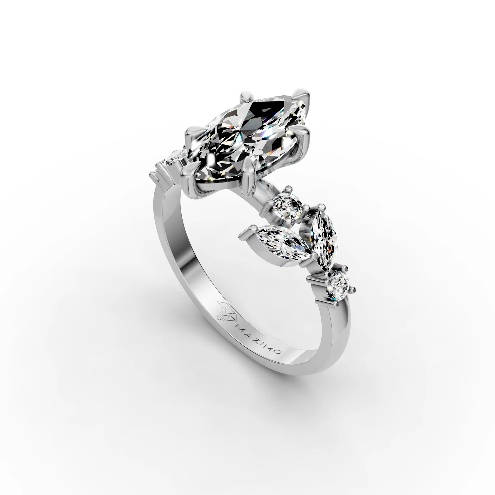 Marquise Leaf Shoulders Ring in 18K White Gold, angled view