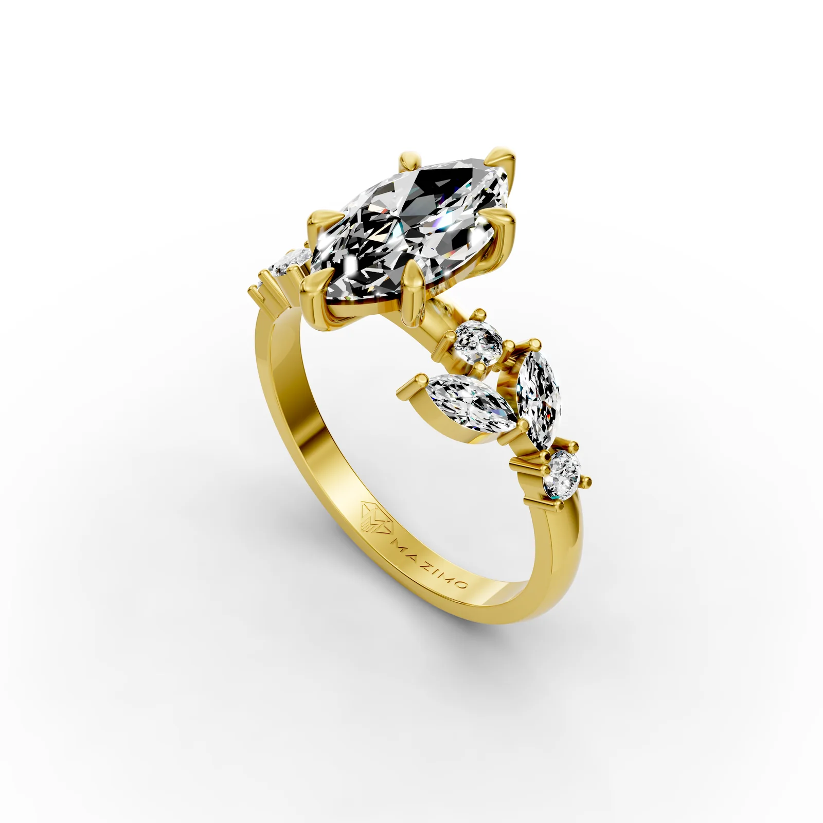 Marquise Leaf Shoulders Ring in 18K Yellow Gold, angled view