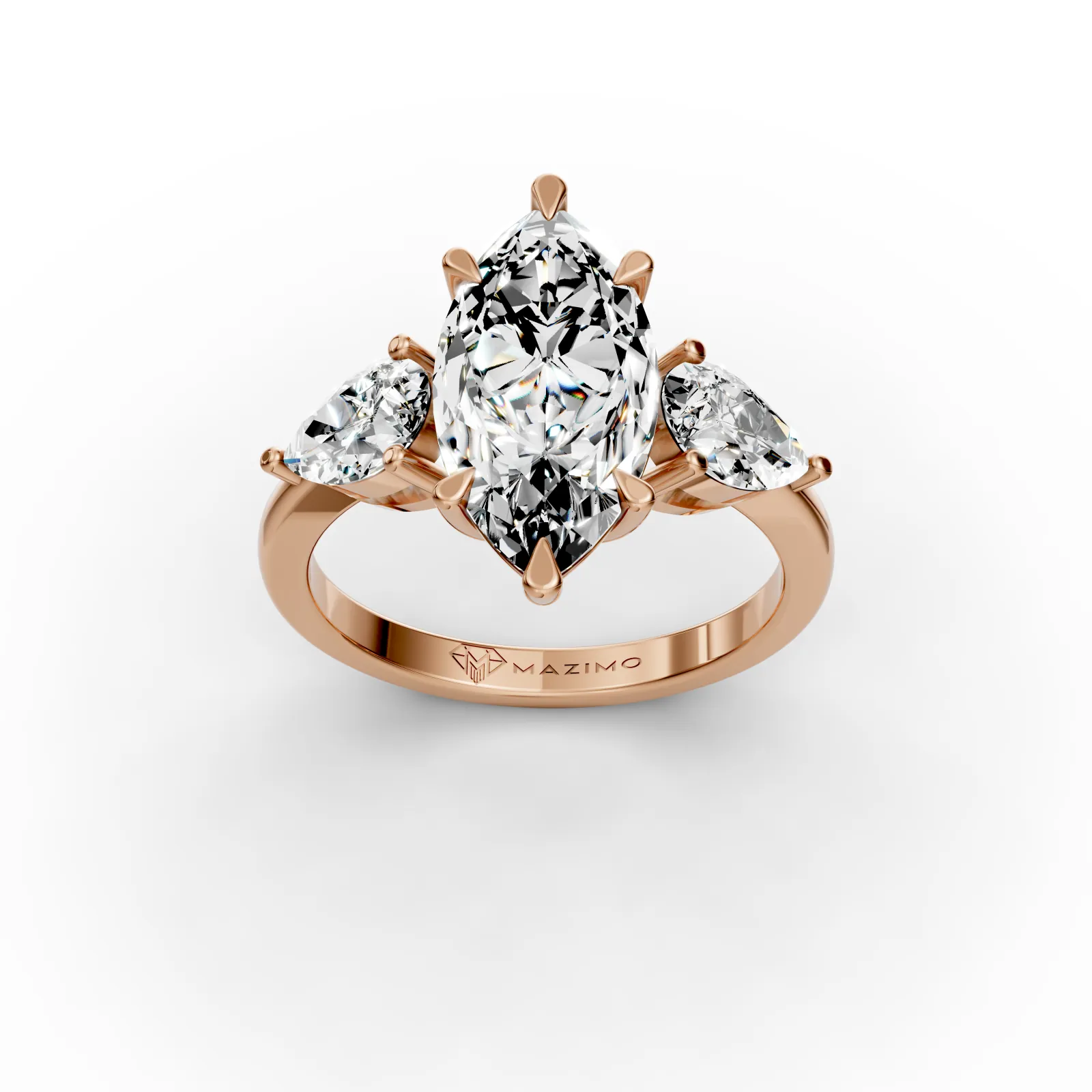 Marquise and Pear Three Stone Ring, 2.5 ct in 18K Rose Gold, three-quarter view