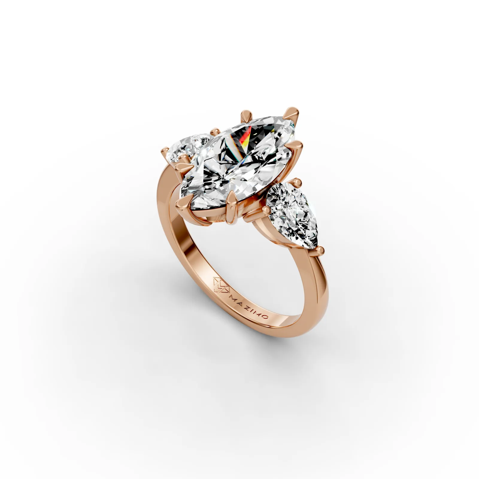 Marquise and Pear Three Stone Ring, 2.5 ct in 18K Rose Gold, angled view
