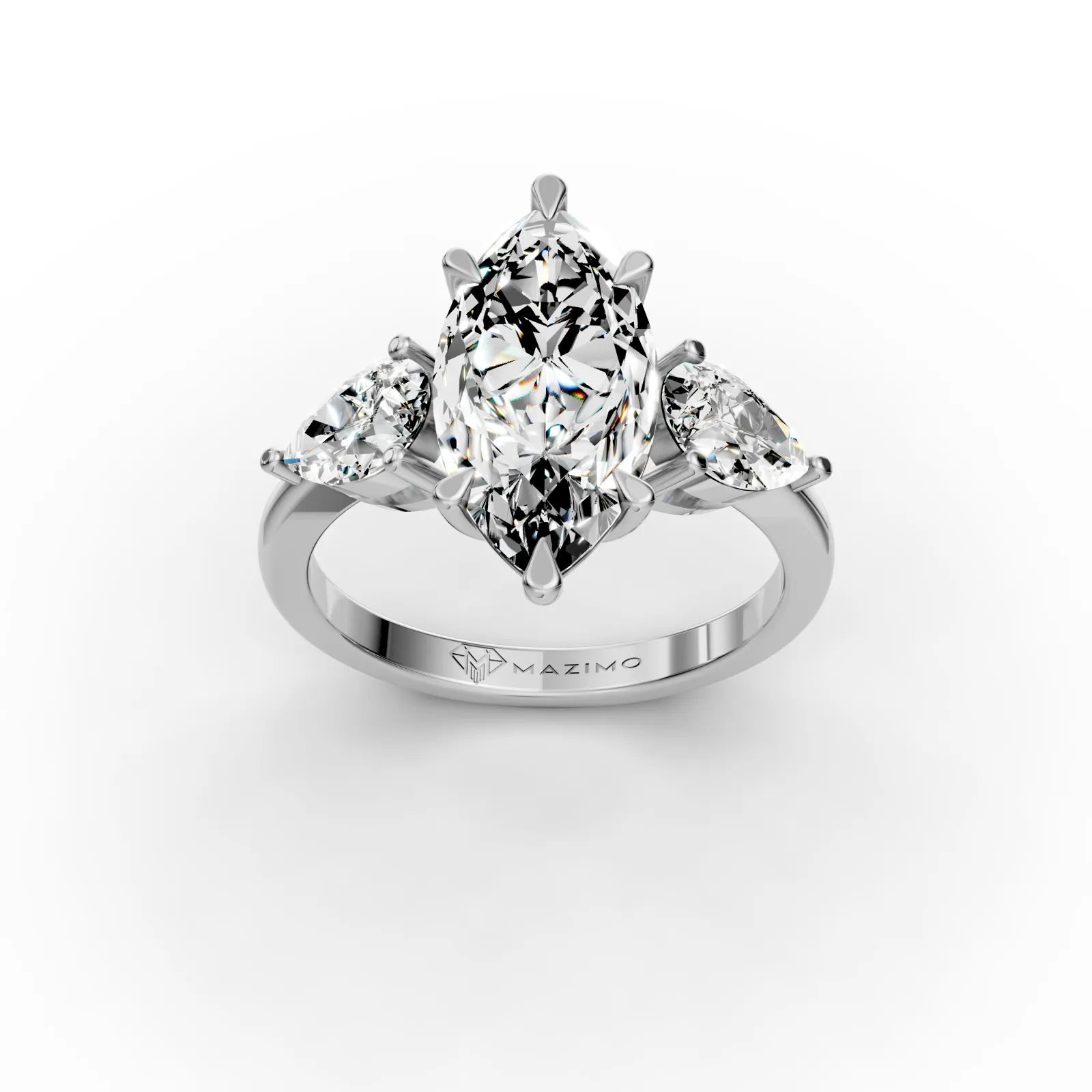 Marquise and Pear Three Stone Ring, 2.5 ct in 18K White Gold, three-quarter view