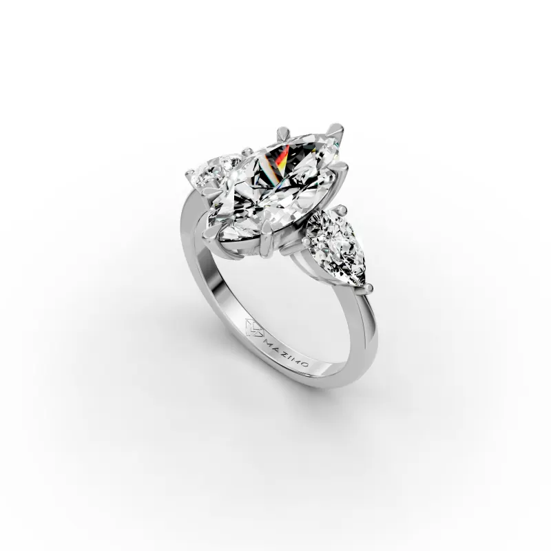 Marquise and Pear Three Stone Ring, 2.5 ct in 18K White Gold, angled view