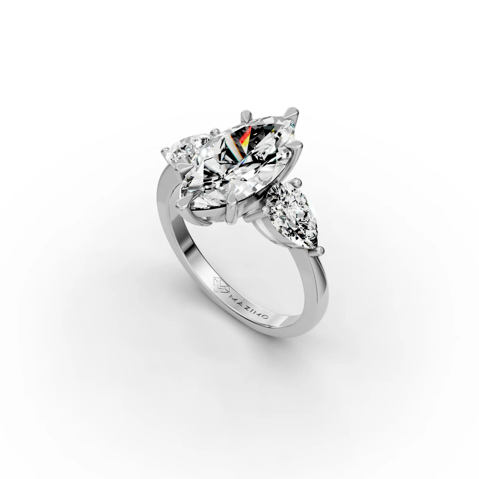 Marquise and Pear Three Stone Ring, 2.5 ct in 18K White Gold, angled view
