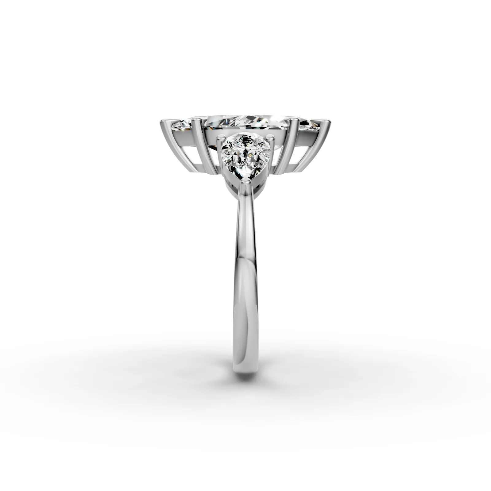 Marquise and Pear Three Stone Ring, 2.5 ct in 18K White Gold, side profile