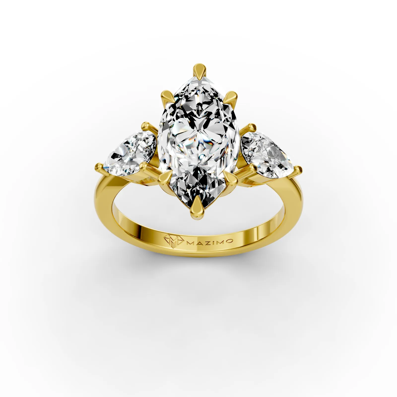 Marquise and Pear Three Stone Ring, 2.5 ct in 18K Yellow Gold, three-quarter view