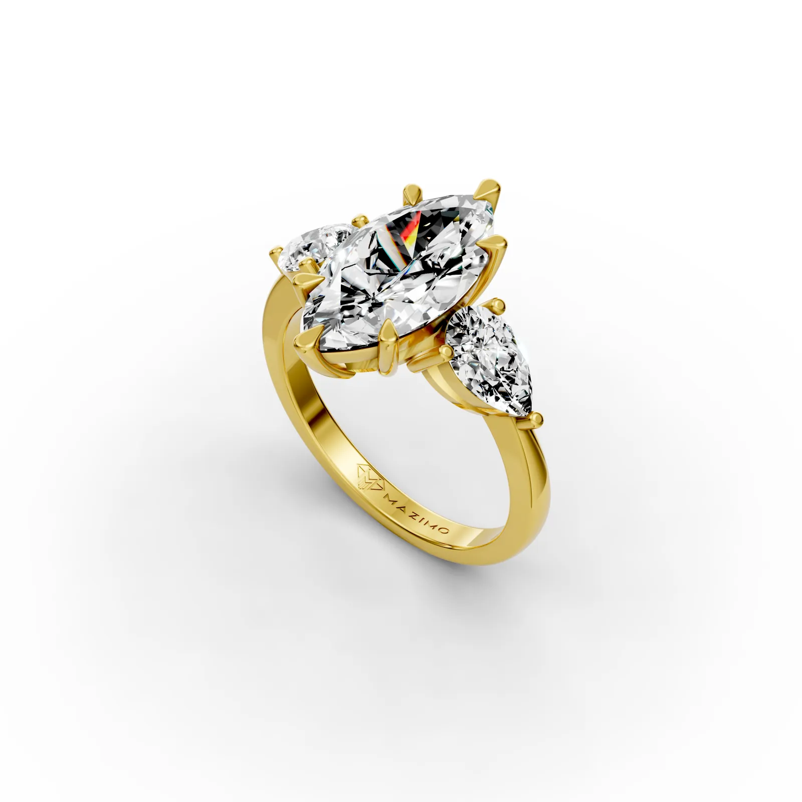 Marquise and Pear Three Stone Ring, 2.5 ct in 18K Yellow Gold, angled view