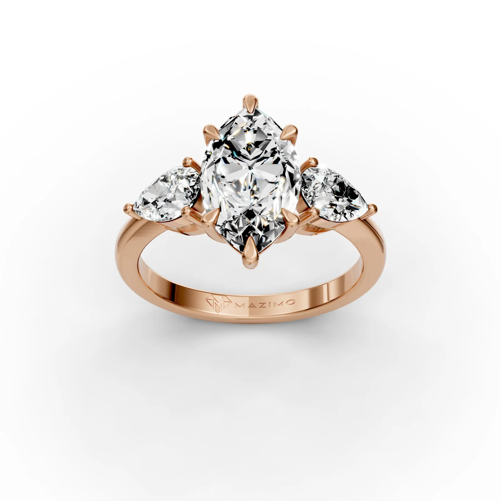 Marquise and Pear Three Stone Ring, 2 ct in 18K Rose Gold, three-quarter view