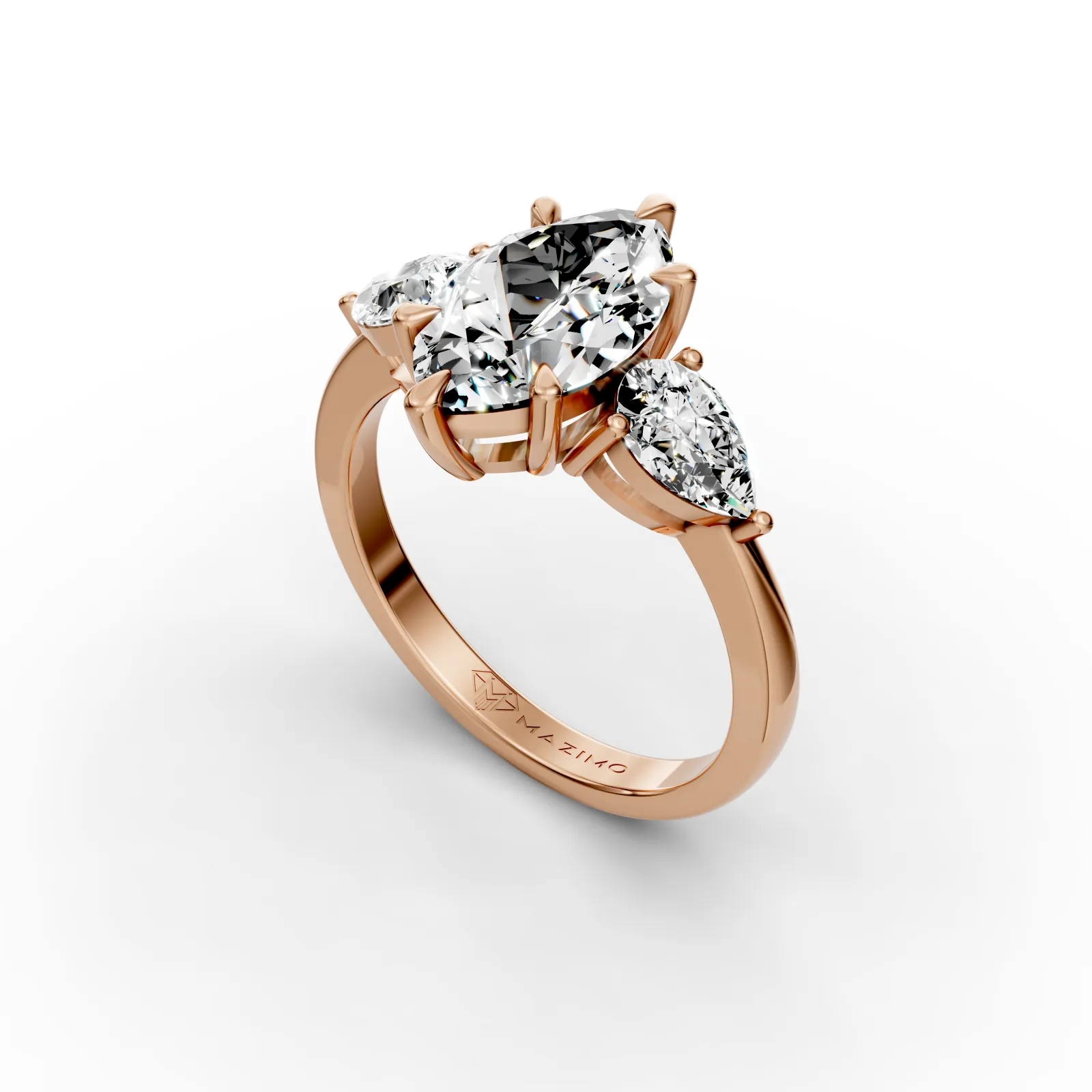 Marquise and Pear Three Stone Ring, 2 ct in 18K Rose Gold, angled view