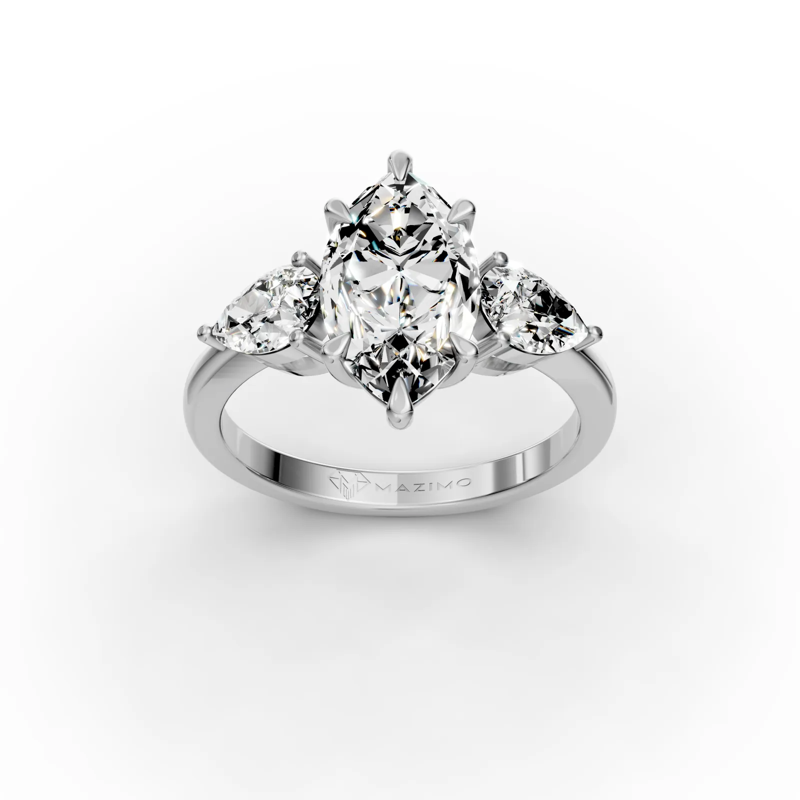 Marquise and Pear Three Stone Ring, 2 ct in 18K White Gold, three-quarter view