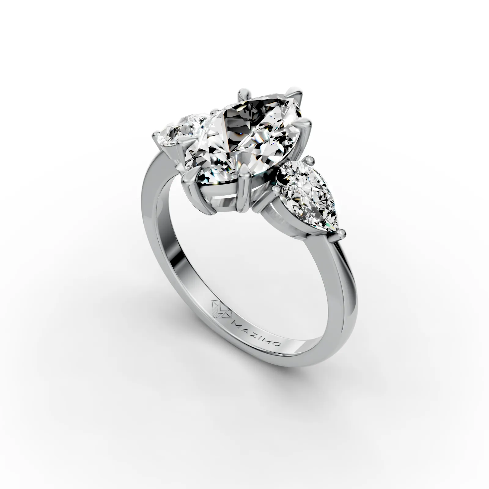 Marquise and Pear Three Stone Ring, 2 ct in 18K White Gold, angled view
