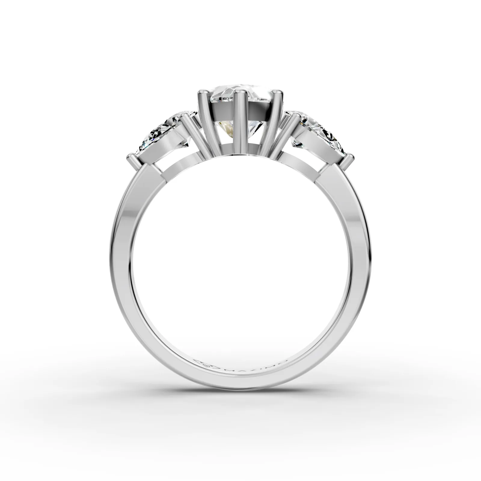 Marquise and Pear Three Stone Ring, 2 ct in 18K White Gold, front view