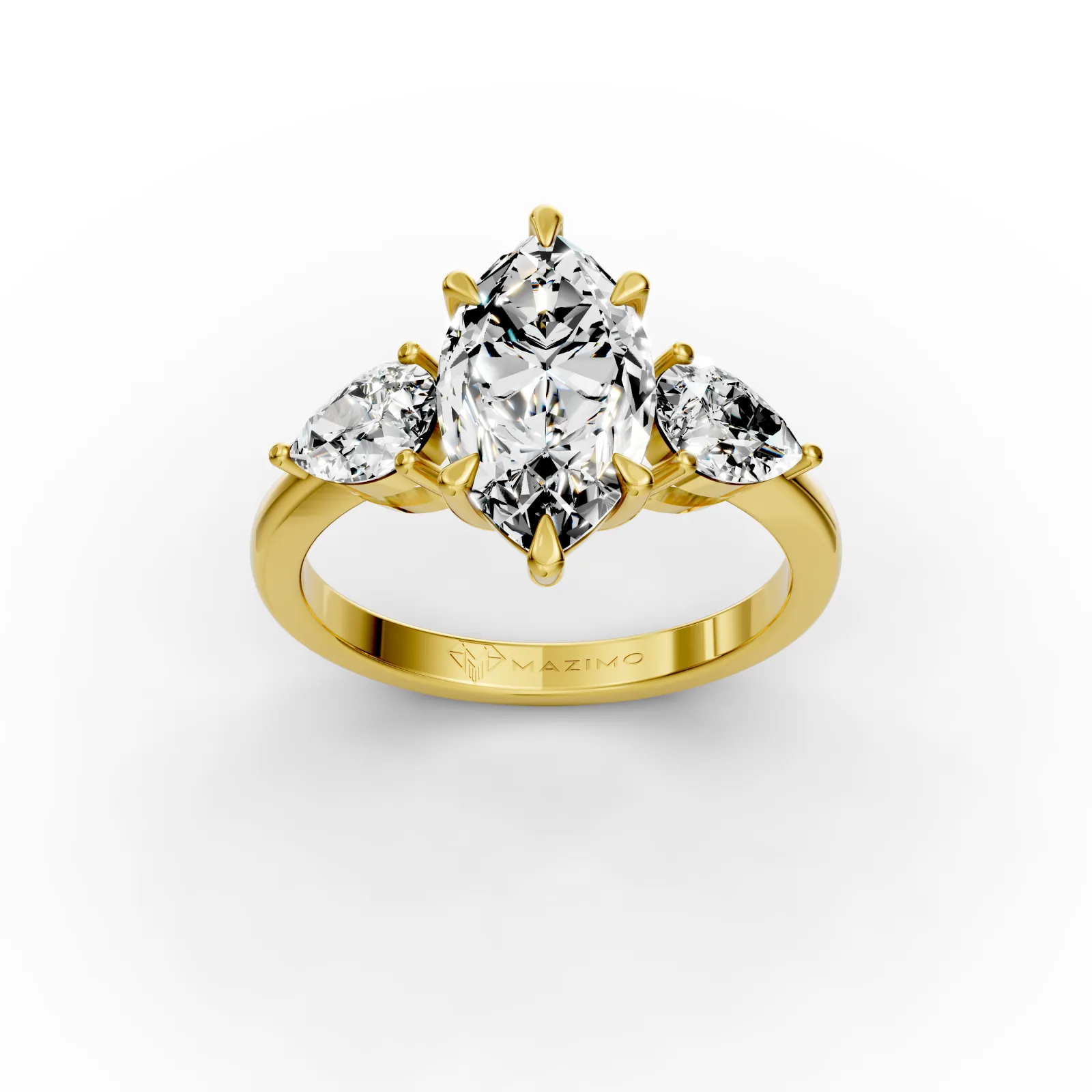 Marquise and Pear Three Stone Ring, 2 ct in 18K Yellow Gold, three-quarter view